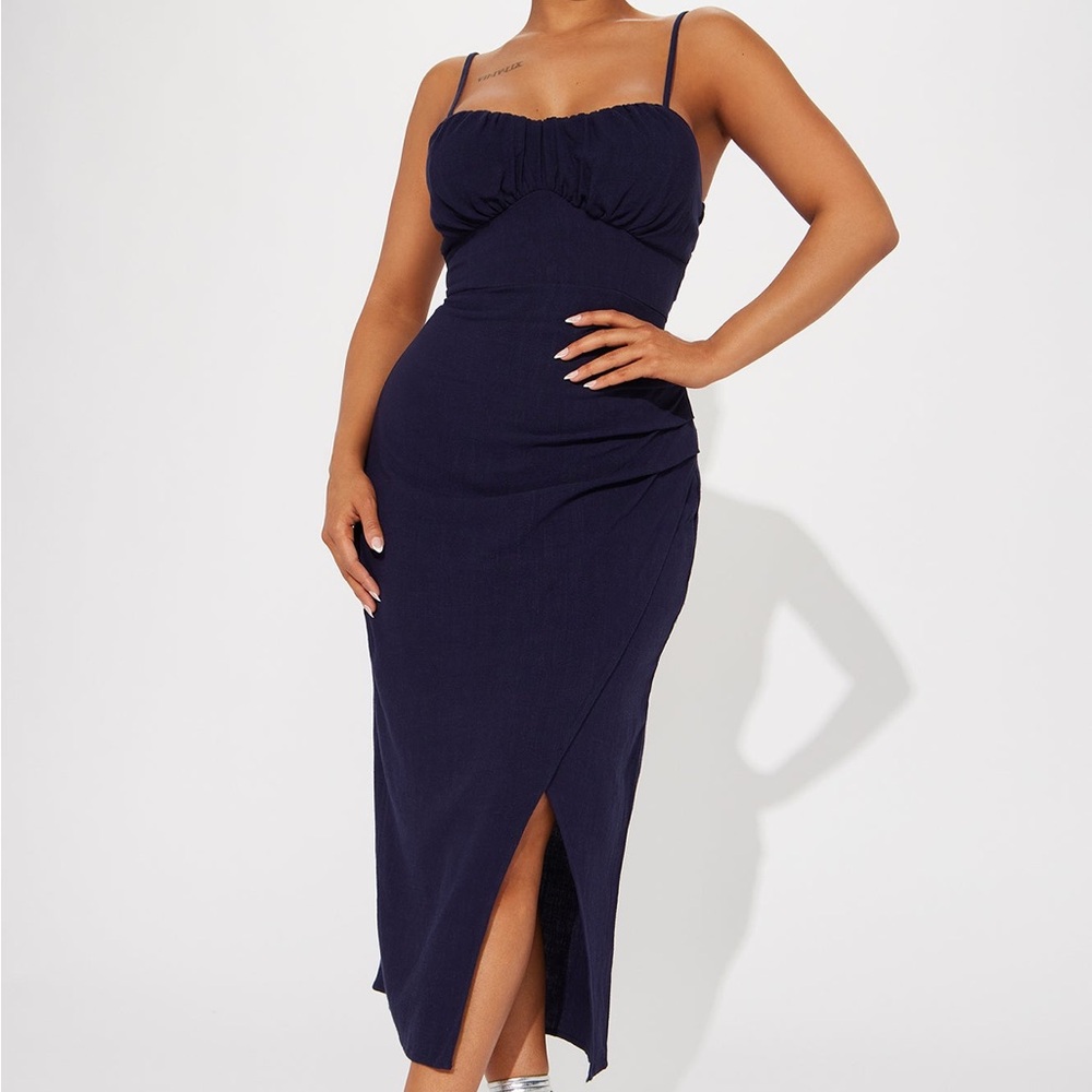 navy blue midi dress with side split 🪬